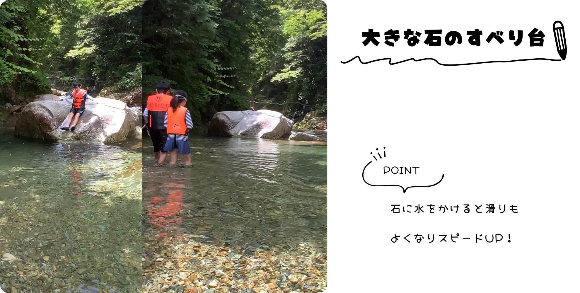 川の大きな石のすべり台