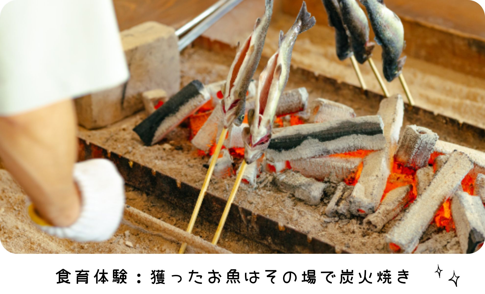 捕まえた魚を炭火で焼く様子