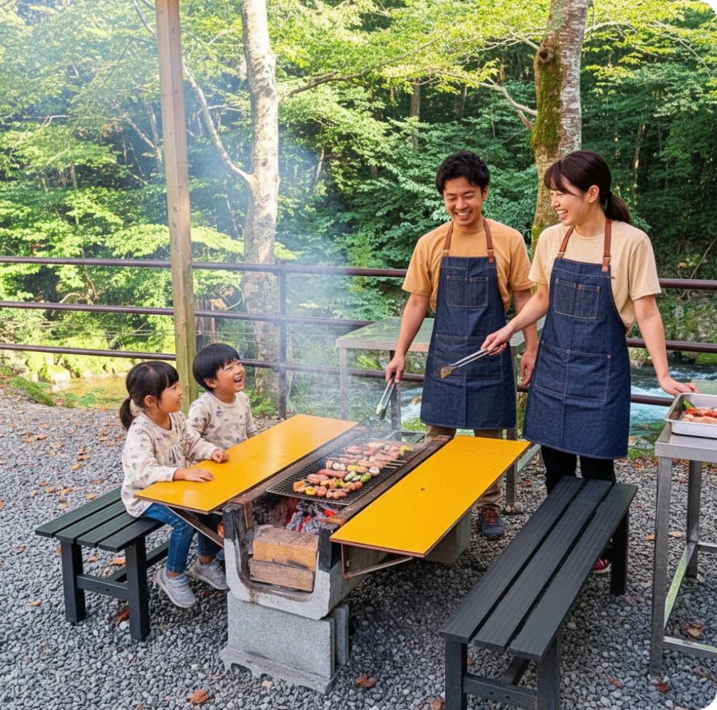 バンガローに併設された屋根付きBBQスペース